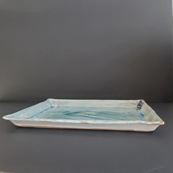 Signed Studio Art Pottery Rectangular Tray Cobalt Blue White Wash Coastal Decor - Picture 4 of 9